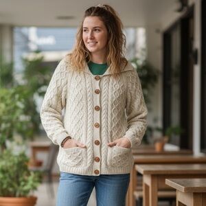 Hand Knit Cottagecore Fisherman Cardigan Cream Sz Medium Grandmacore Cable Knit